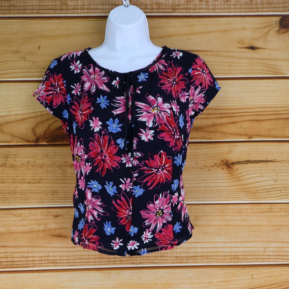 Liz Claiborne Short Sleeve Button Up Blouse Shirt Womens Sz 6P Multicolor Floral